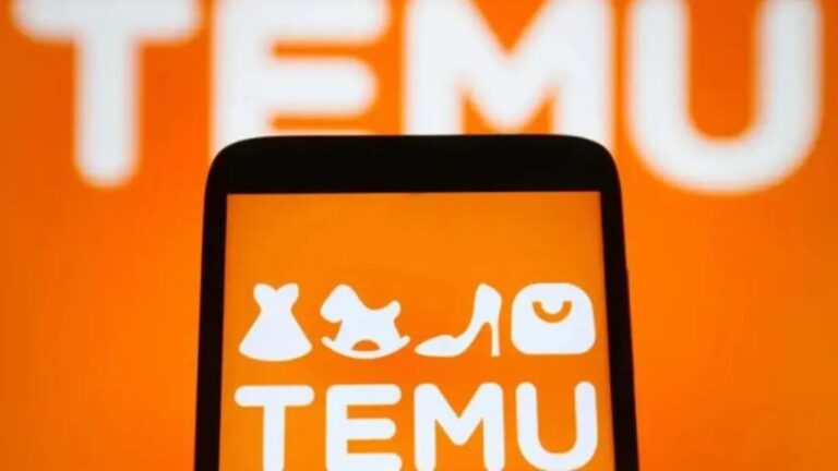 Ilustração de um celular com a logo da TEMU